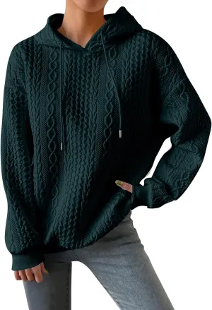 Womens Hoodies Cable Knitted Long Sleeve Drawstring Pullover Tops Loose Hooded Sweatshirt