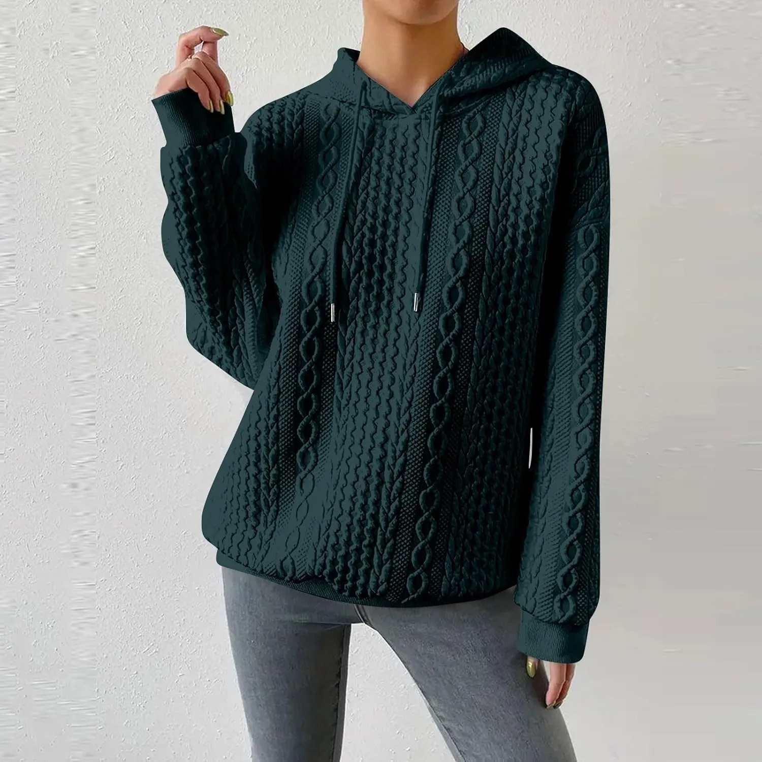 Womens Hoodies Cable Knitted Long Sleeve Drawstring Pullover Tops Loose Hooded Sweatshirt