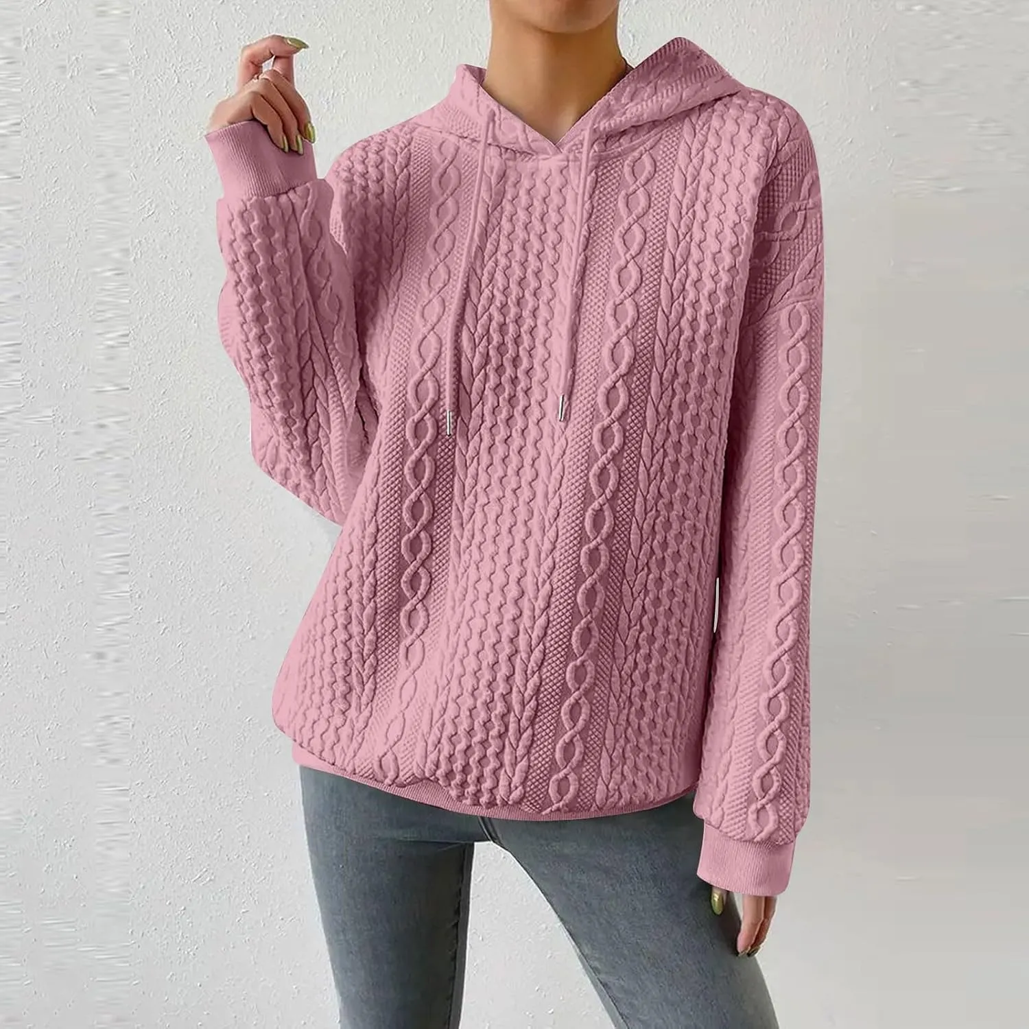 Womens Hoodies Cable Knitted Long Sleeve Drawstring Pullover Tops Loose Hooded Sweatshirt