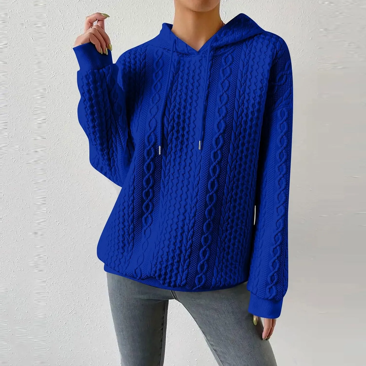 Womens Hoodies Cable Knitted Long Sleeve Drawstring Pullover Tops Loose Hooded Sweatshirt
