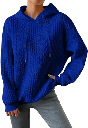 Womens Hoodies Cable Knitted Long Sleeve Drawstring Pullover Tops Loose Hooded Sweatshirt