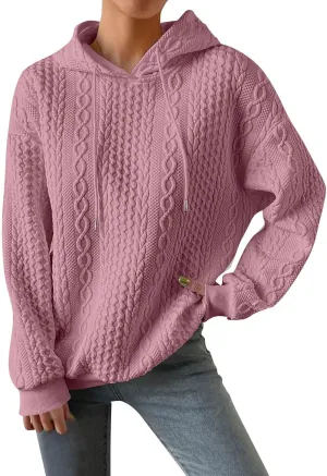 Womens Hoodies Cable Knitted Long Sleeve Drawstring Pullover Tops Loose Hooded Sweatshirt