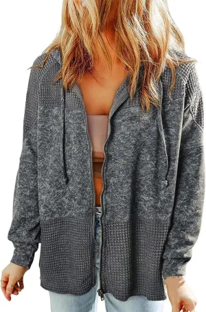 Womens Hoodies Long Sleeve Oversized Sweatshirt Zip Up Waffle Jacket Drawstring Colorblock Patchwork Hoodie Loose Coat