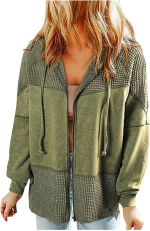 Womens Hoodies Long Sleeve Oversized Sweatshirt Zip Up Waffle Jacket Drawstring Colorblock Patchwork Hoodie Loose Coat