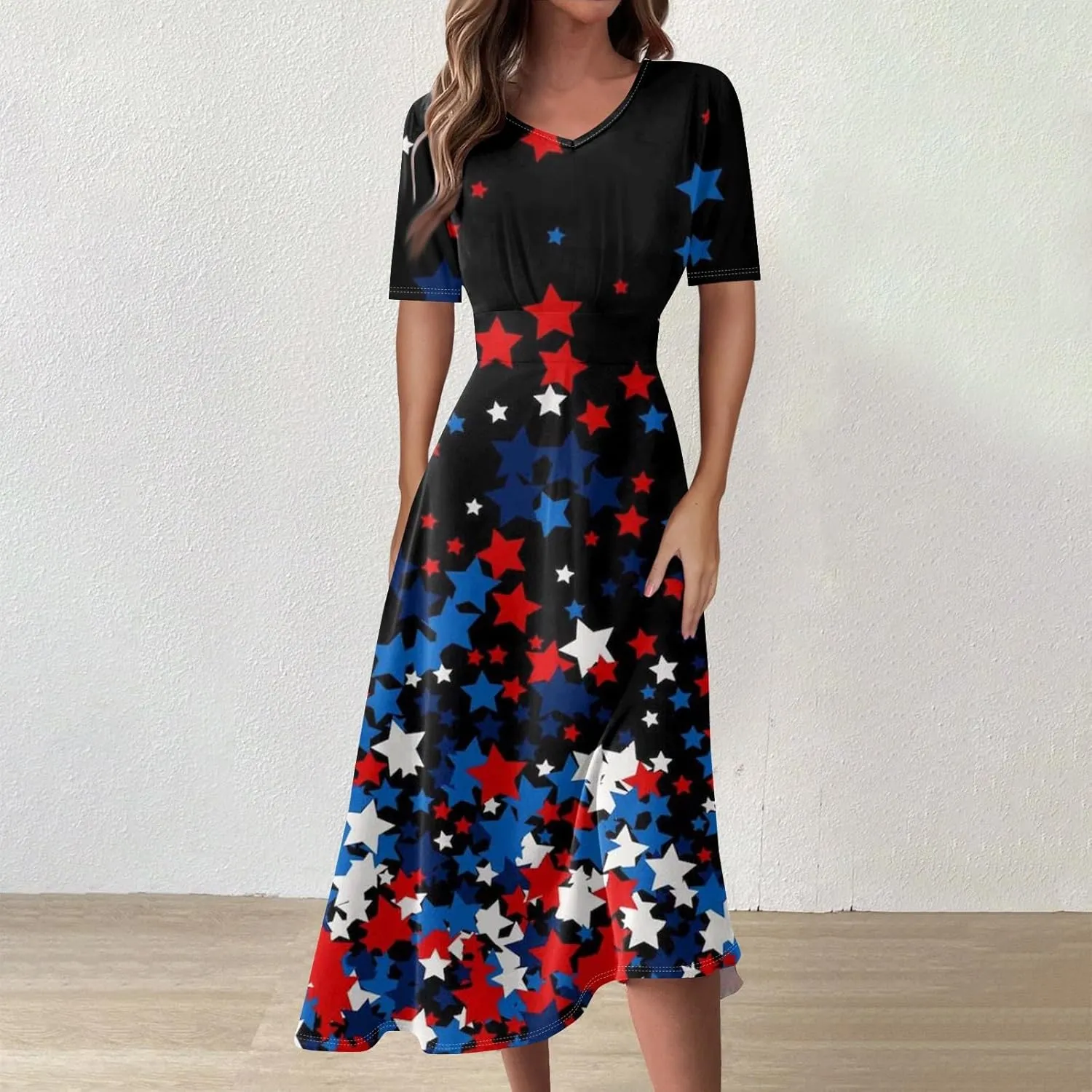 Women's July of 4th Dresses V Neck Patriotic Amercian Flag Midi Dress with Pocket
