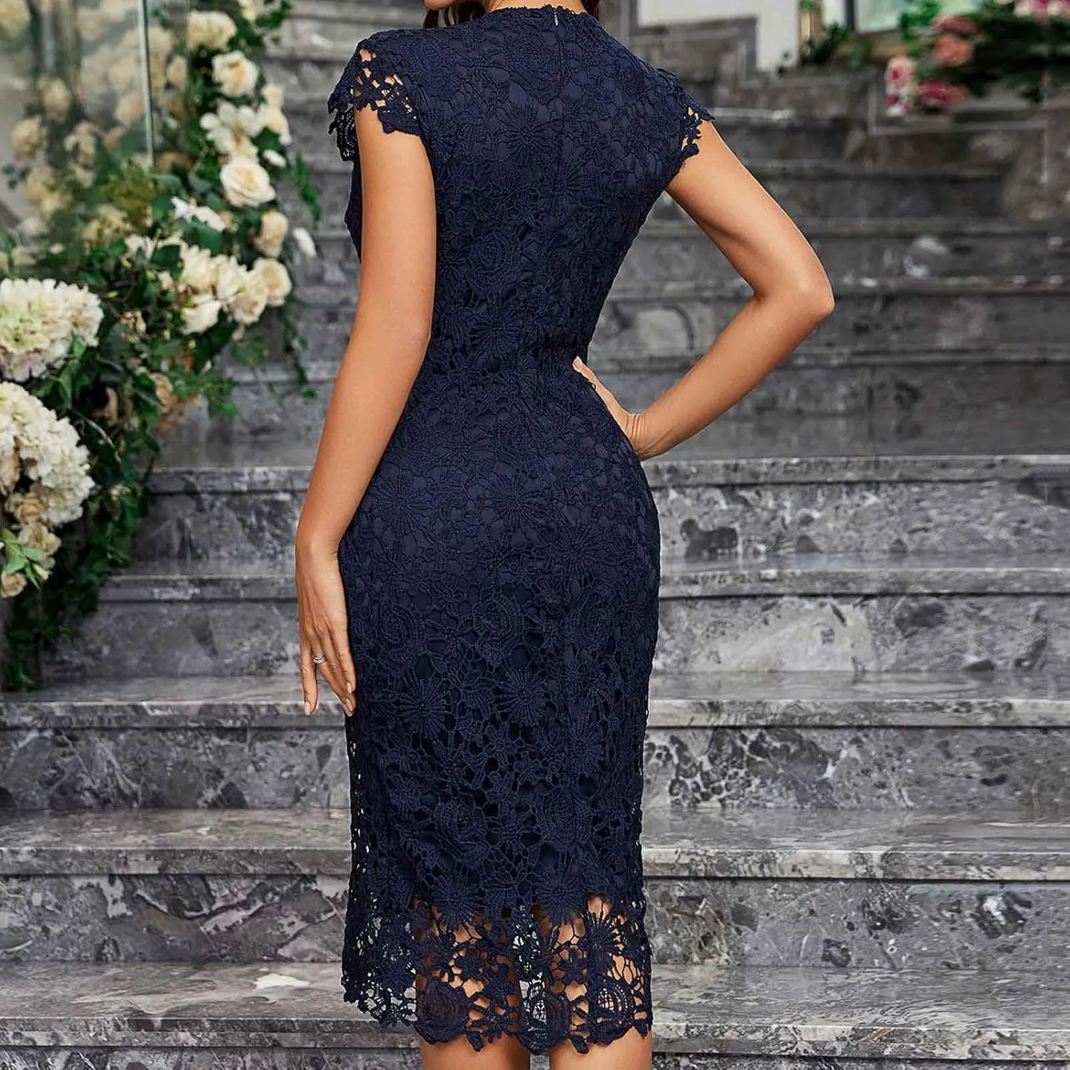 Womens Lace Floral Dress Trendy Dressy Elegant Cocktail Evening Party Bodycon Dress Cap Sleeve Crew Neck Midi Dress