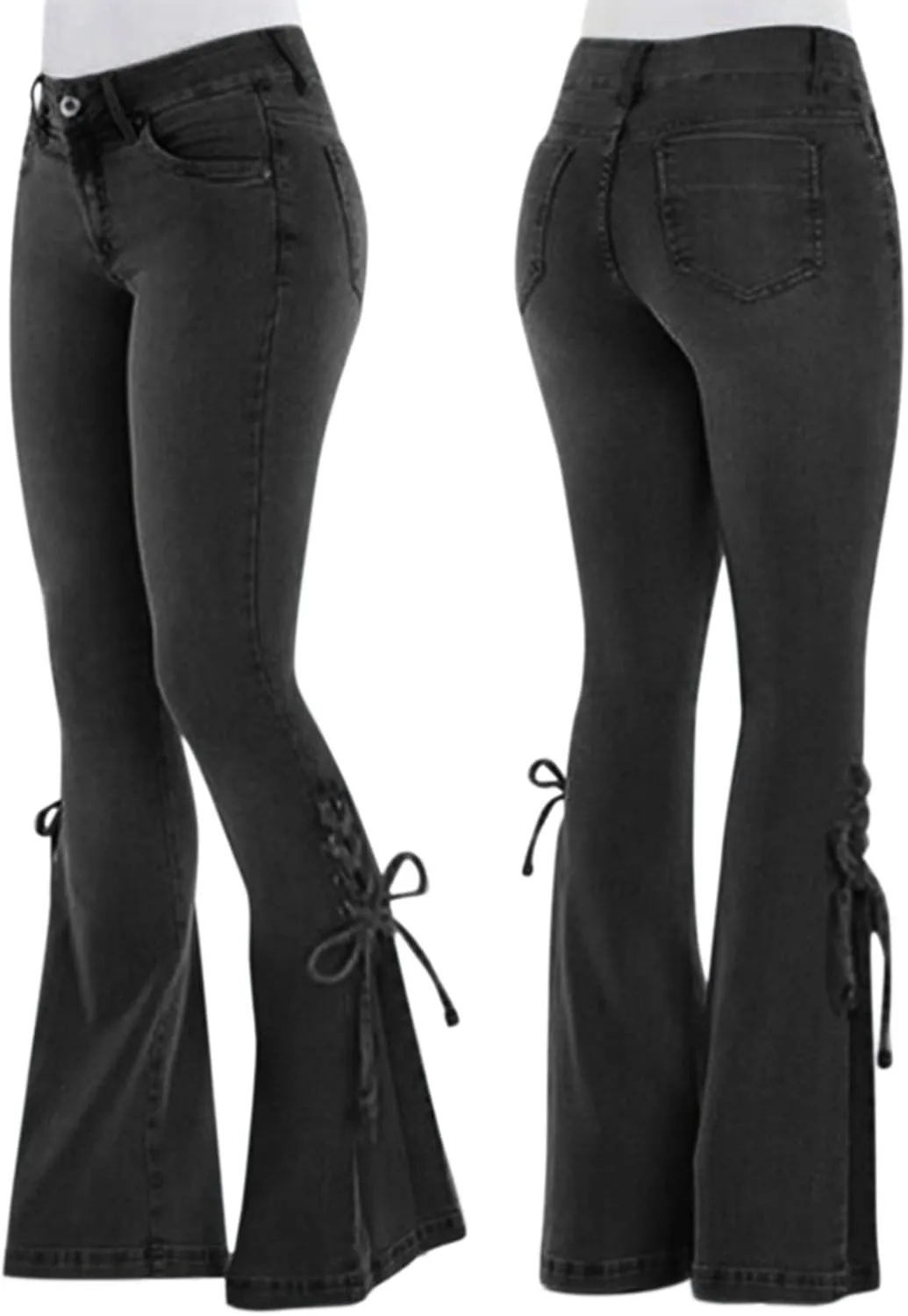 Women's Lace-up Bell Bottom Denim Pants Mid Waist Stretchy Flare Juniors Jeans Trouser Leggings Streetwear