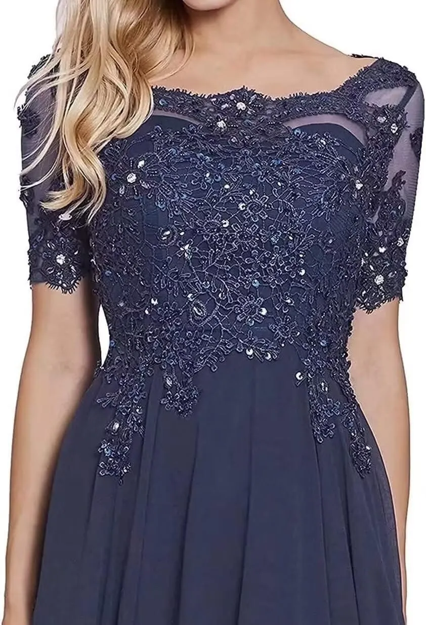 Women's Laces Mother of The Bride Dresses Short Sleeve Chiffon Formal Evening Wedding Gowns
