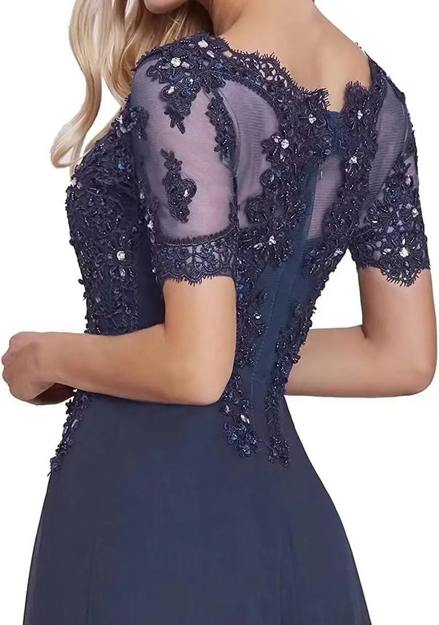 Women's Laces Mother of The Bride Dresses Short Sleeve Chiffon Formal Evening Wedding Gowns