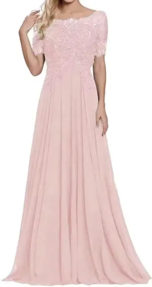 Women's Laces Mother of The Bride Dresses Short Sleeve Chiffon Formal Evening Wedding Gowns