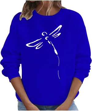 Women's Long Sleeve Pullover 2024 Fall Casual Comfy Loose Shirts Trendy Dragonfly Pattern Print Round Neck Sweatshirt
