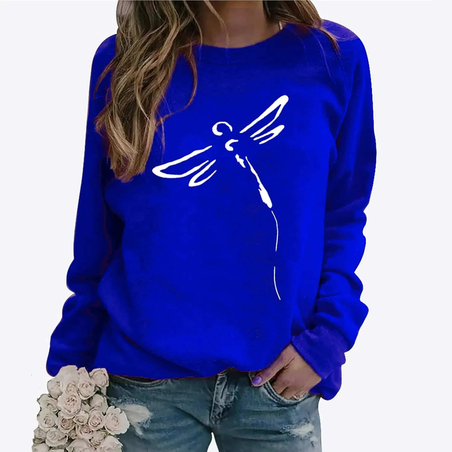 Women's Long Sleeve Pullover 2024 Fall Casual Comfy Loose Shirts Trendy Dragonfly Pattern Print Round Neck Sweatshirt