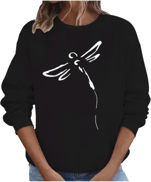 Women's Long Sleeve Pullover 2024 Fall Casual Comfy Loose Shirts Trendy Dragonfly Pattern Print Round Neck Sweatshirt