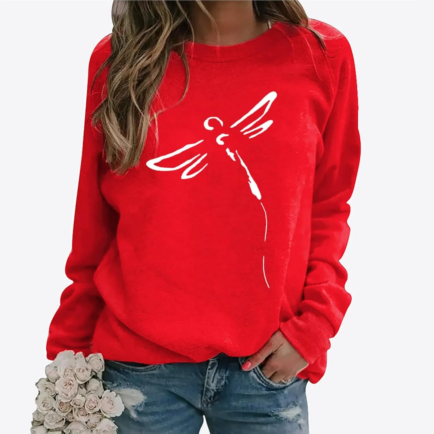 Women's Long Sleeve Pullover 2024 Fall Casual Comfy Loose Shirts Trendy Dragonfly Pattern Print Round Neck Sweatshirt