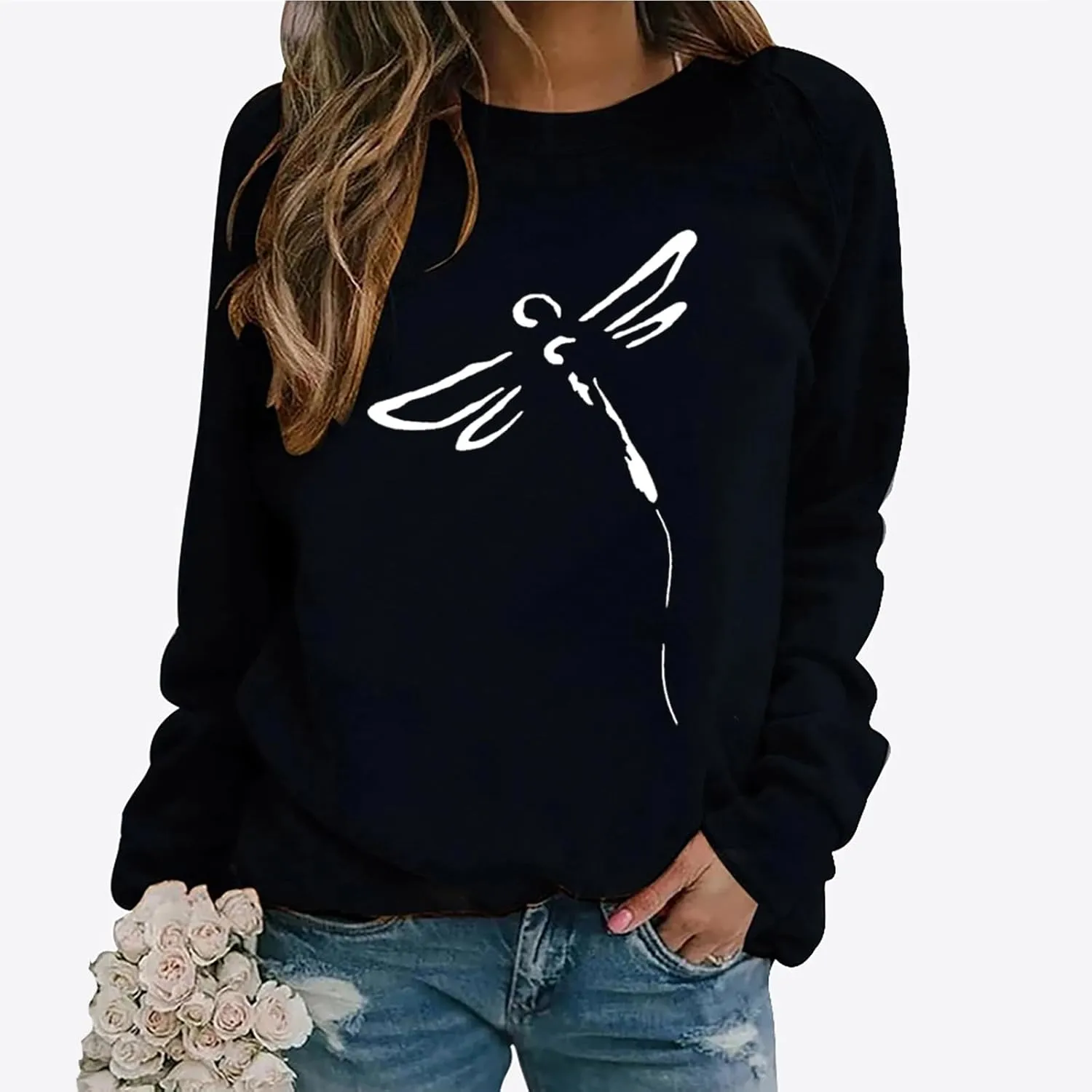 Women's Long Sleeve Pullover 2024 Fall Casual Comfy Loose Shirts Trendy Dragonfly Pattern Print Round Neck Sweatshirt