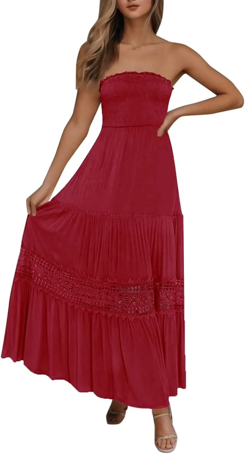 Women's Maxi Dress 2025 Summer Off Shoulder Smocked Tiered Ruffle Long Flowy Dresses Casual Beach Sundress
