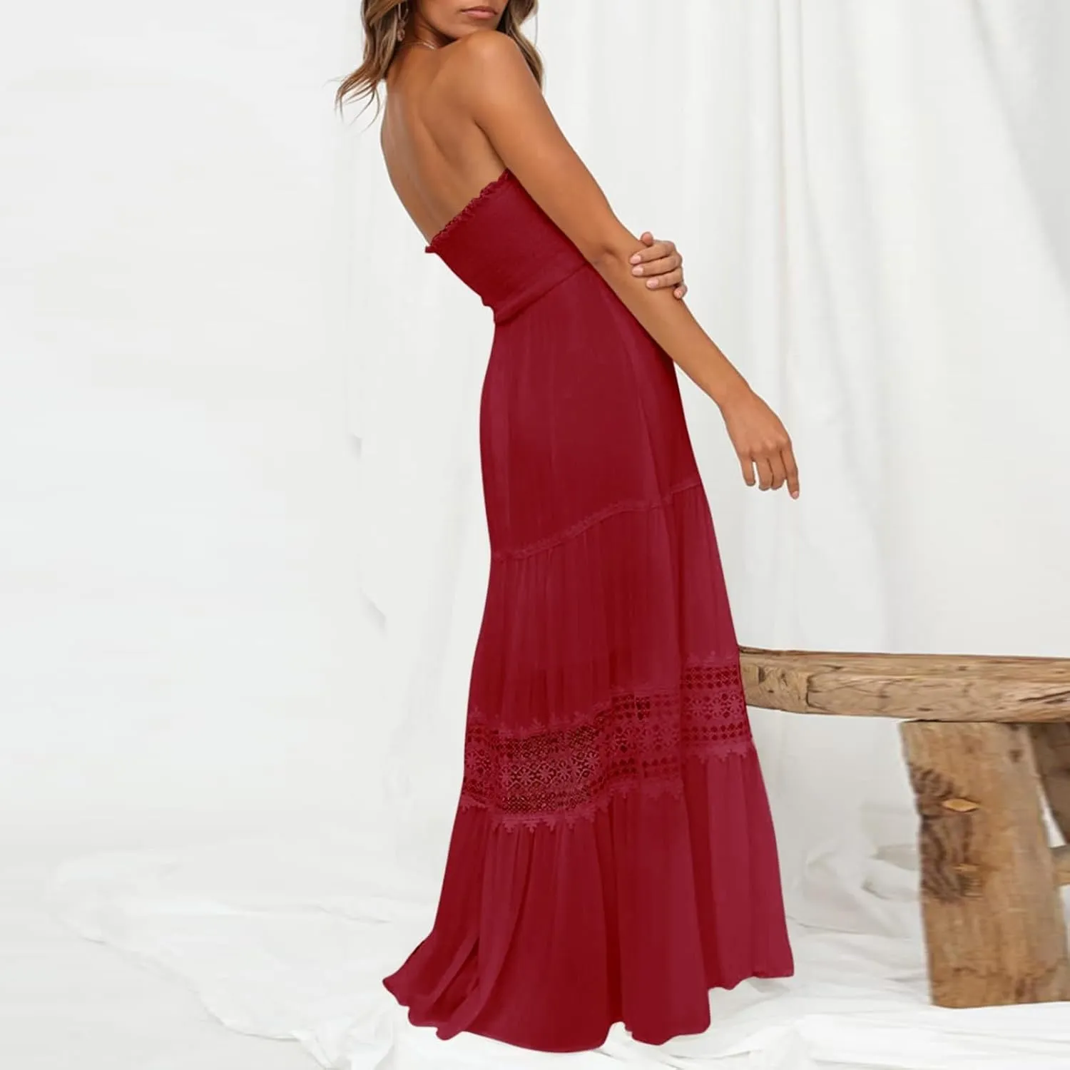 Women's Maxi Dress 2025 Summer Off Shoulder Smocked Tiered Ruffle Long Flowy Dresses Casual Beach Sundress