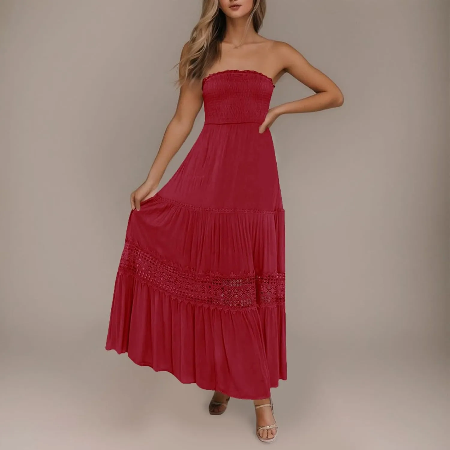 Women's Maxi Dress 2025 Summer Off Shoulder Smocked Tiered Ruffle Long Flowy Dresses Casual Beach Sundress