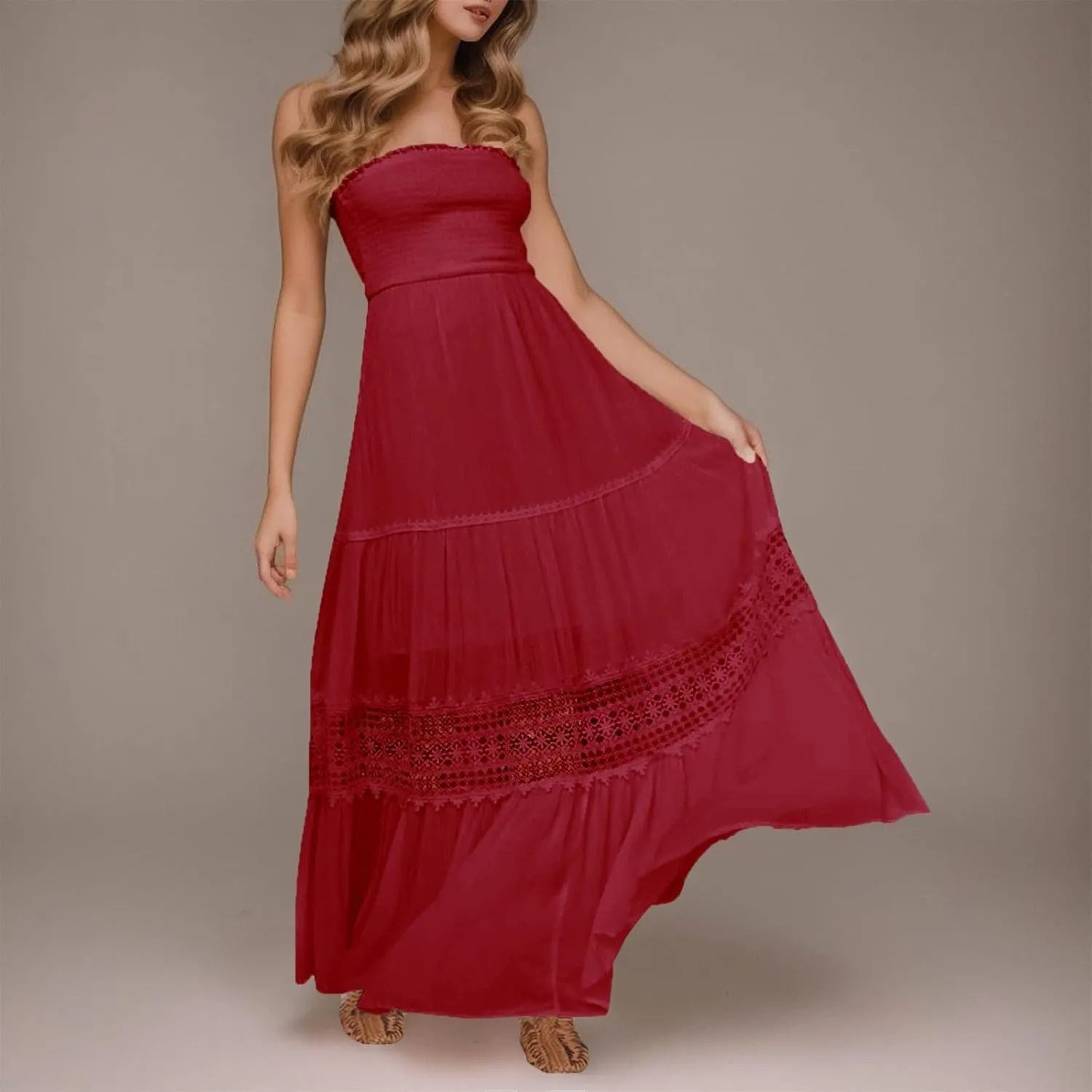 Women's Maxi Dress 2025 Summer Off Shoulder Smocked Tiered Ruffle Long Flowy Dresses Casual Beach Sundress