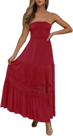 Women's Maxi Dress 2025 Summer Off Shoulder Smocked Tiered Ruffle Long Flowy Dresses Casual Beach Sundress