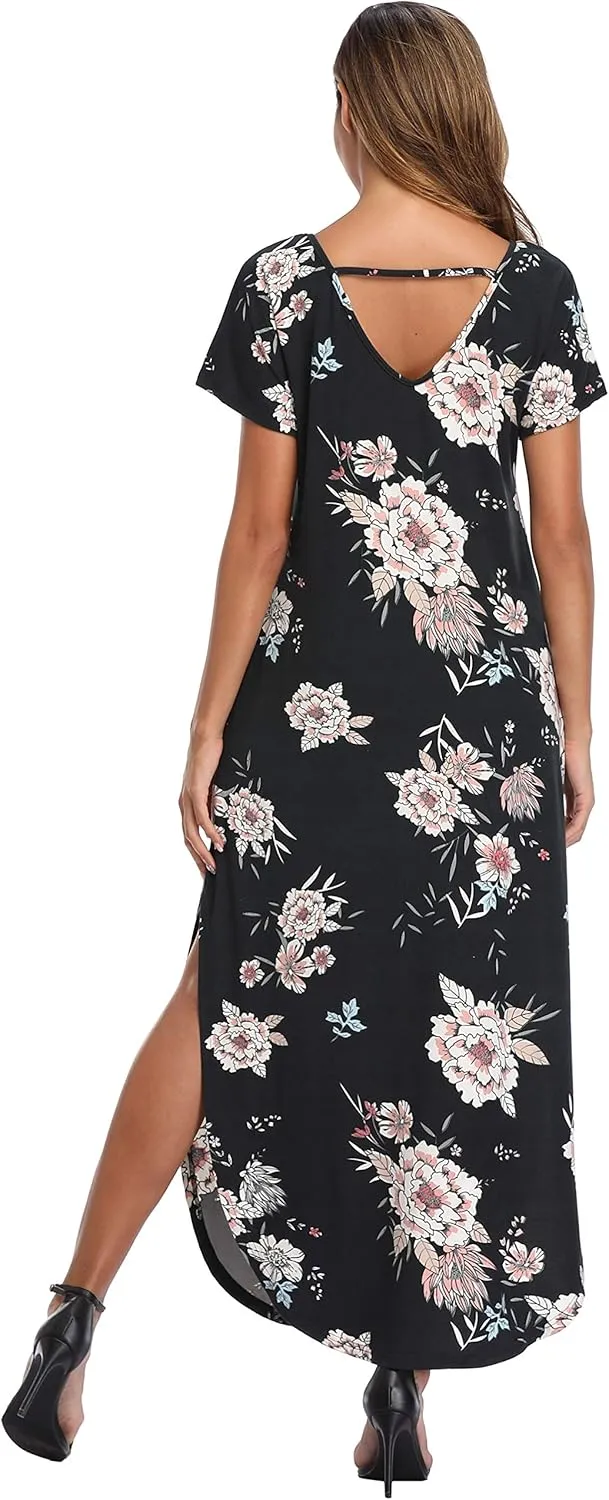 Women's Maxi Dress Floral Printed Long Casual Beach Party Dress with Pocket