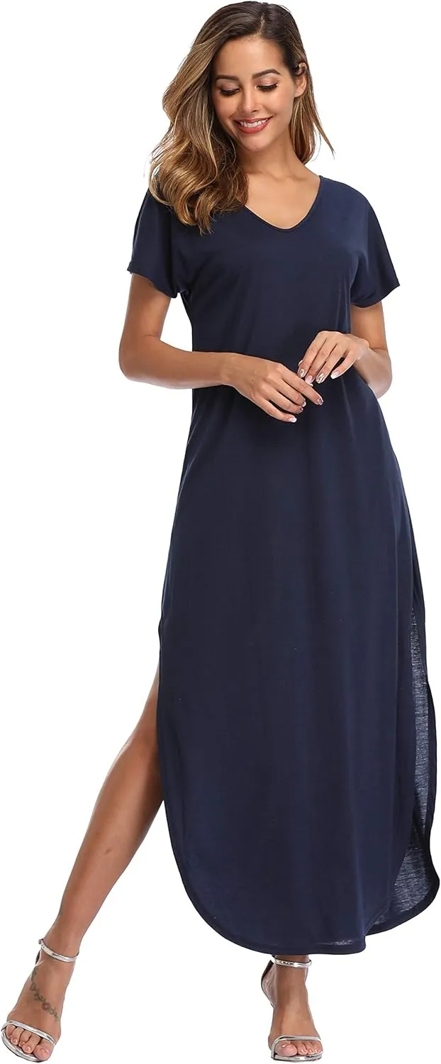 Women's Maxi Dress Floral Printed Long Casual Beach Party Dress with Pocket