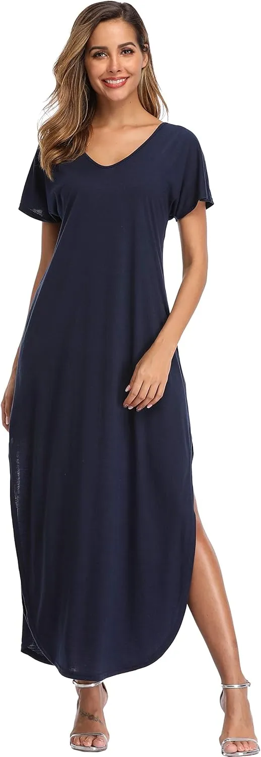 Women's Maxi Dress Floral Printed Long Casual Beach Party Dress with Pocket