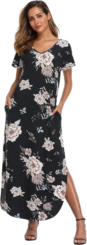 Women's Maxi Dress Floral Printed Long Casual Beach Party Dress with Pocket