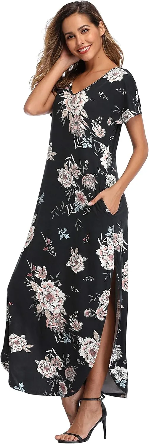 Women's Maxi Dress Floral Printed Long Casual Beach Party Dress with Pocket