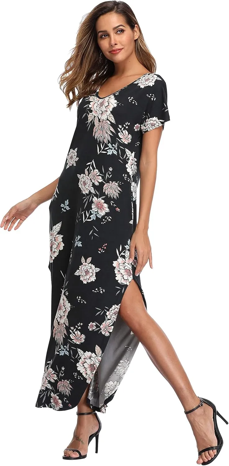 Women's Maxi Dress Floral Printed Long Casual Beach Party Dress with Pocket