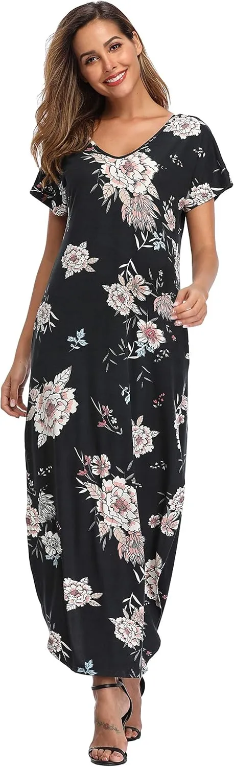 Women's Maxi Dress Floral Printed Long Casual Beach Party Dress with Pocket