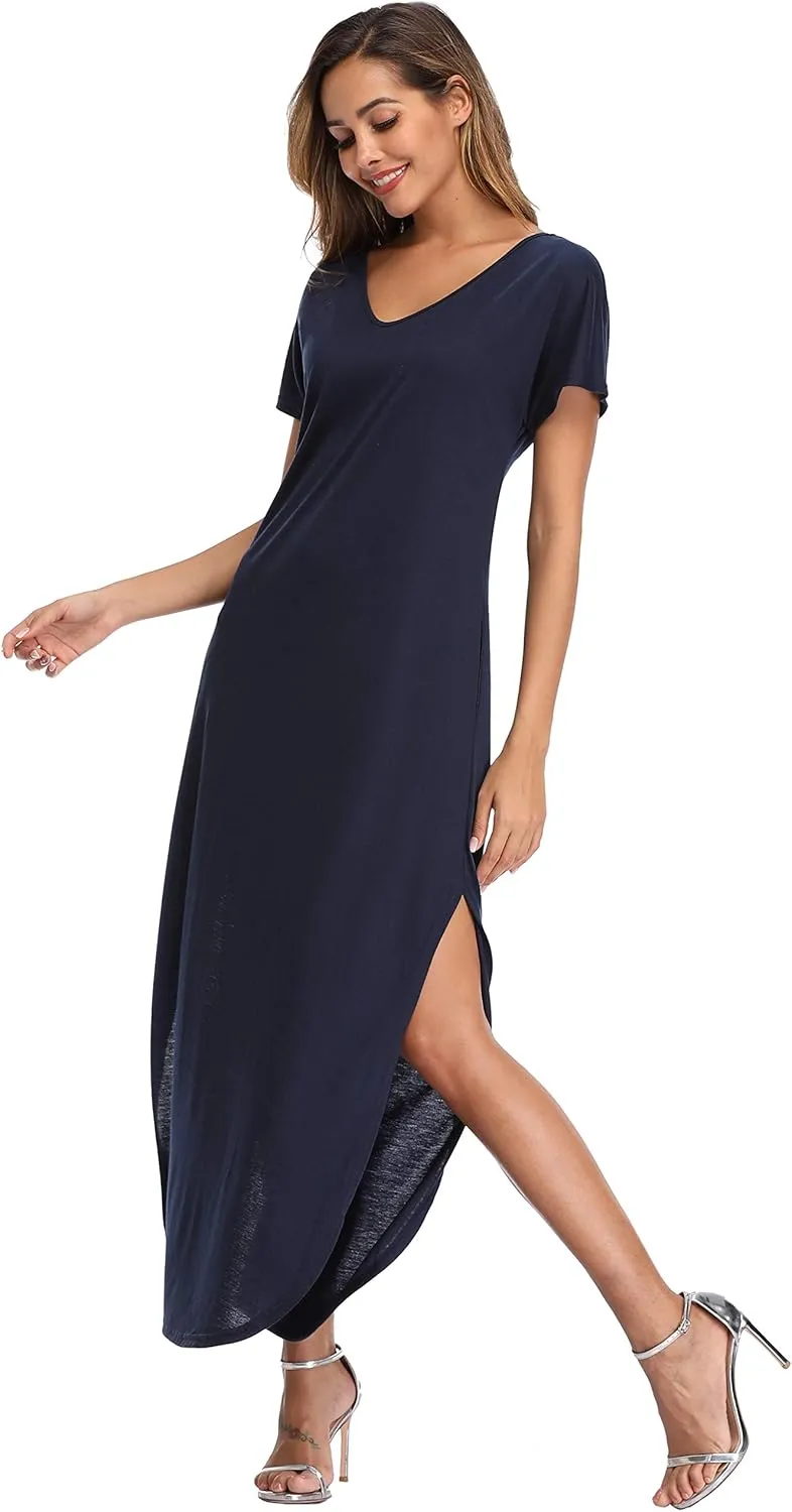 Women's Maxi Dress Floral Printed Long Casual Beach Party Dress with Pocket