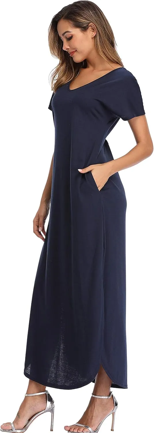 Women's Maxi Dress Floral Printed Long Casual Beach Party Dress with Pocket