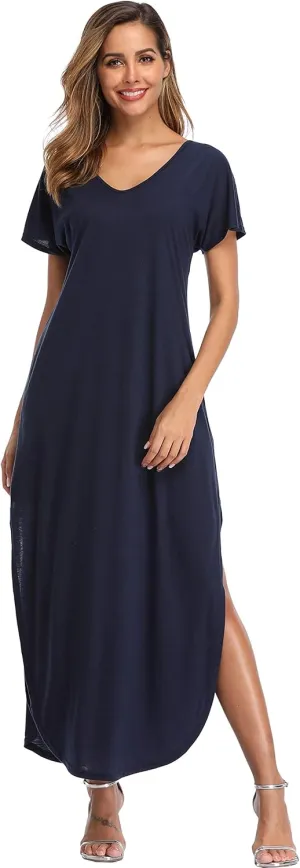 Women's Maxi Dress Floral Printed Long Casual Beach Party Dress with Pocket