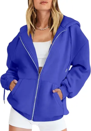 Women's Oversized Casual Full Zip Up Y2K Hoodies Sweatshirts Plush Comfy Loose Solid Long Sleeve Jacket with Pockets