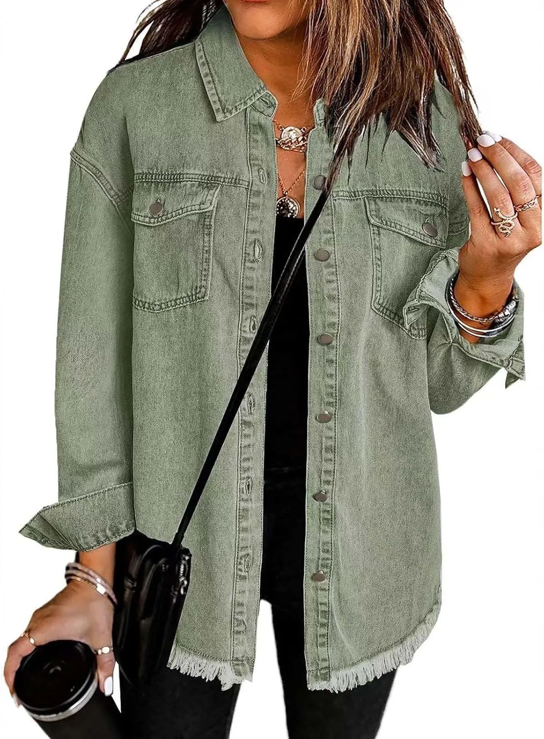 Womens Oversized Denim Jacket Lightweight Button Down Long Jean Jacket with Pockets Casual Distresse Jacket Coats
