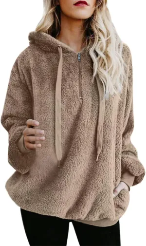 Womens Oversized Fuzzy Hoodie Winter Warm Sherpa Fleece Hooded Sweatshirts Cozy Zipper Fluffy Coat With Pockets