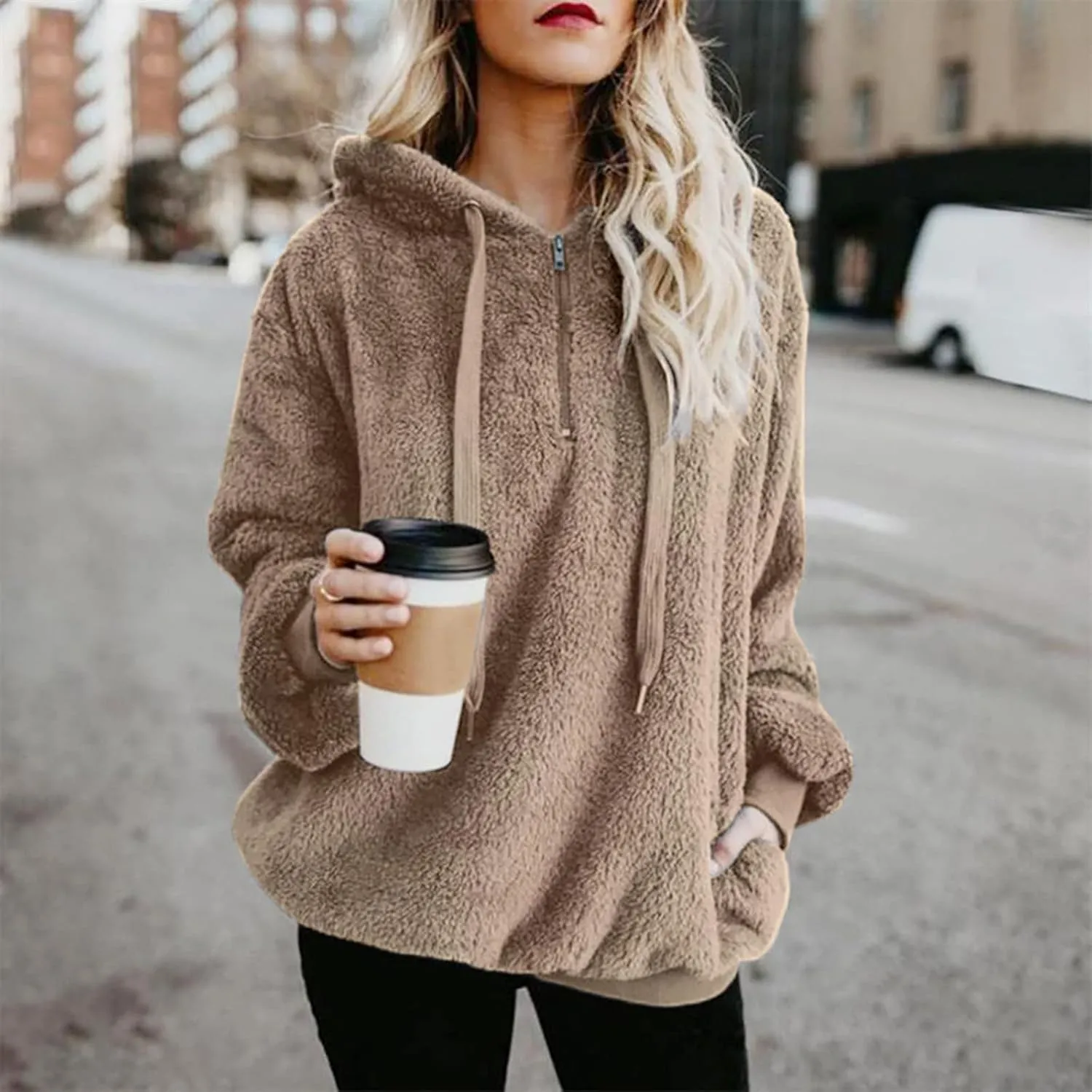 Womens Oversized Fuzzy Hoodie Winter Warm Sherpa Fleece Hooded Sweatshirts Cozy Zipper Fluffy Coat With Pockets