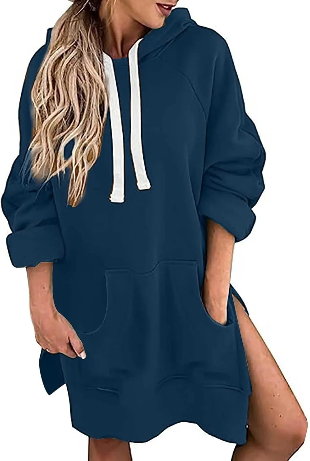 Women's Oversized Hoodie Dress Casual Pullover Long Sleeve Split Hem Sweatshirts Drawstring Hoodies Dress With Pocket
