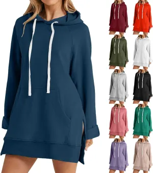 Women's Oversized Hoodie Dress Casual Pullover Long Sleeve Split Hem Sweatshirts Drawstring Hoodies Dress With Pocket
