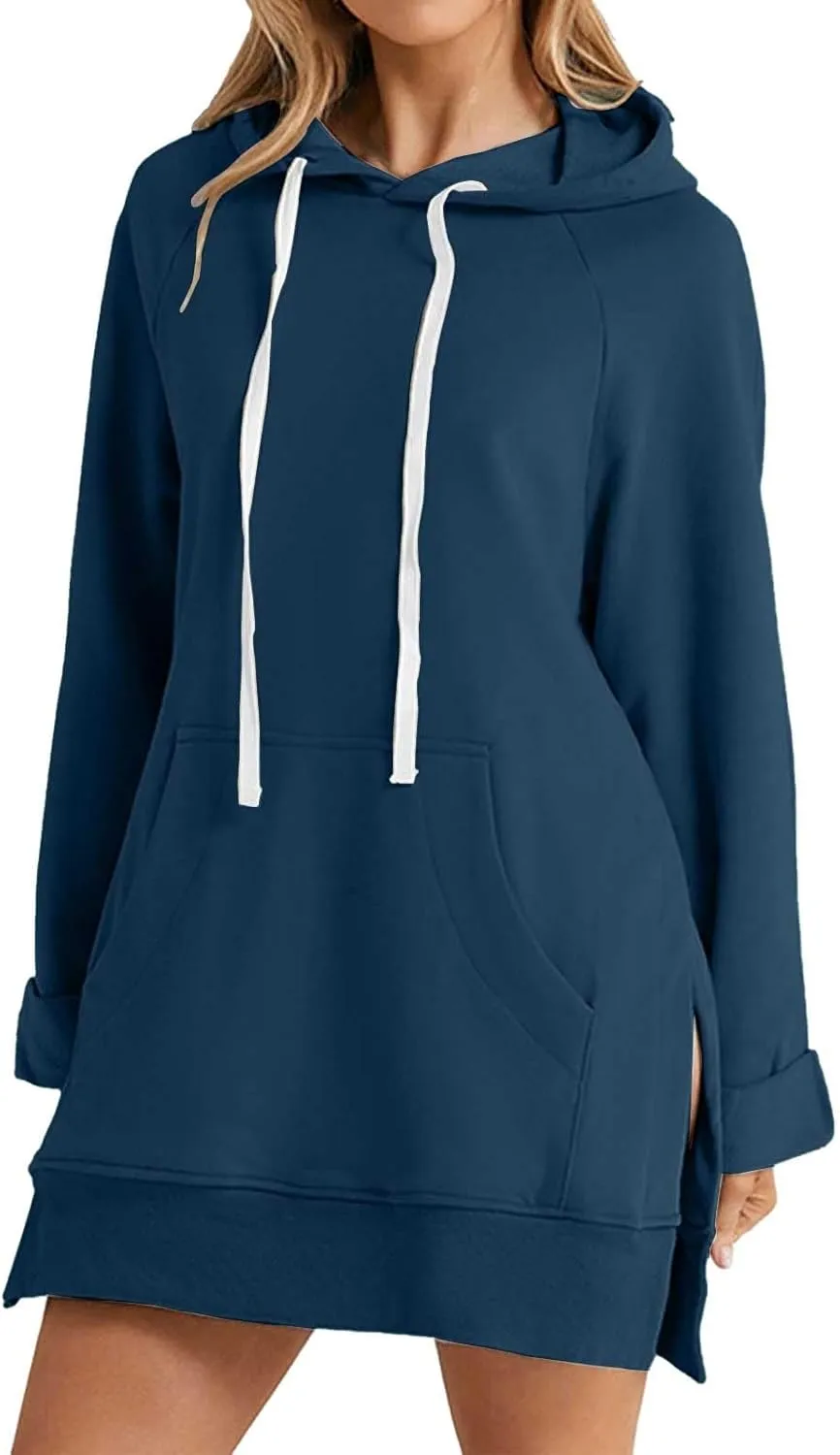 Women's Oversized Hoodie Dress Casual Pullover Long Sleeve Split Hem Sweatshirts Drawstring Hoodies Dress With Pocket