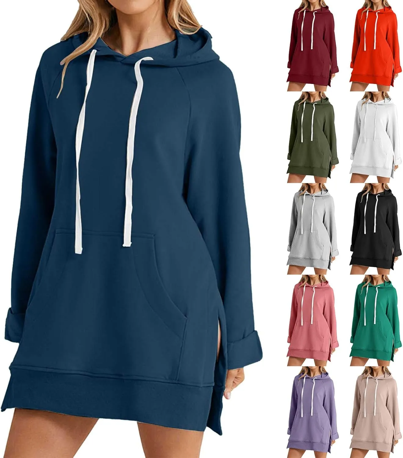 Women's Oversized Hoodie Dress Casual Pullover Long Sleeve Split Hem Sweatshirts Drawstring Hoodies Dress With Pocket