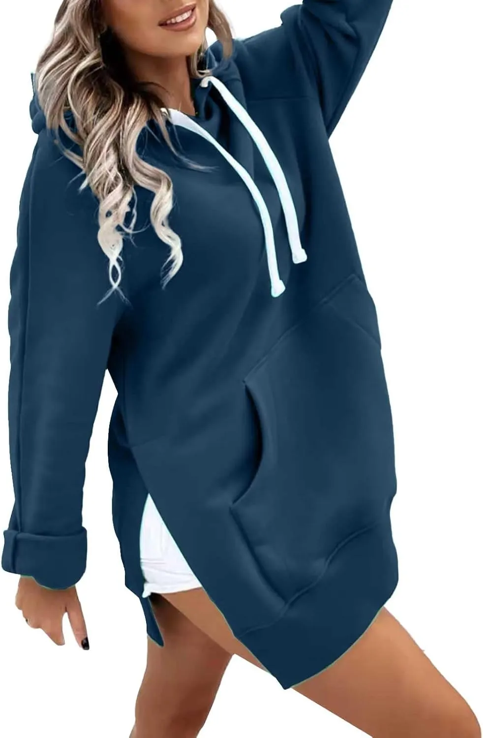 Women's Oversized Hoodie Dress Casual Pullover Long Sleeve Split Hem Sweatshirts Drawstring Hoodies Dress With Pocket