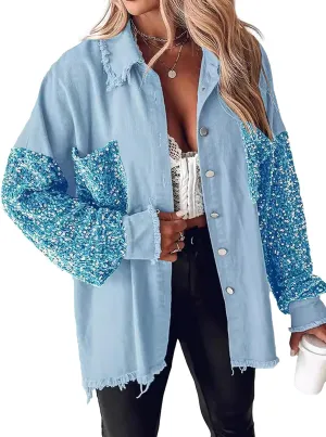Women's Oversized Jacket Sequin Patchwork Long Sleeve Jacket Top Boyfriend Button Front Shirts Denim Jacket