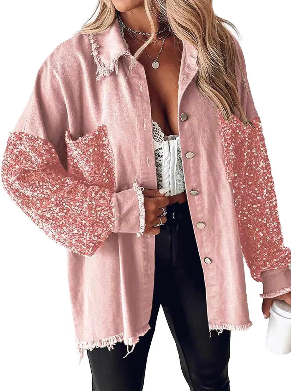 Women's Oversized Jacket Sequin Patchwork Long Sleeve Jacket Top Boyfriend Button Front Shirts Denim Jacket