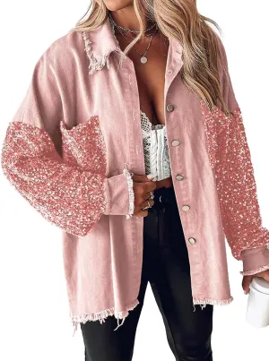 Women's Oversized Jacket Sequin Patchwork Long Sleeve Jacket Top Boyfriend Button Front Shirts Denim Jacket