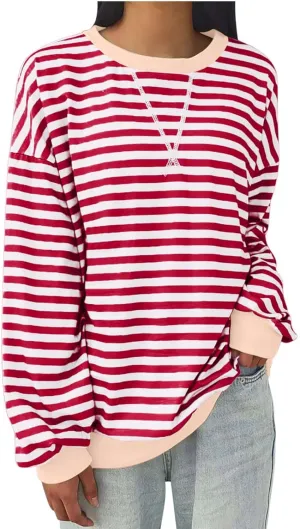 Women's Oversized Sweatshirts 2024 Fall y2k Clothes Casual Striped Pullover Tops Long Sleeve Crewneck Shirts
