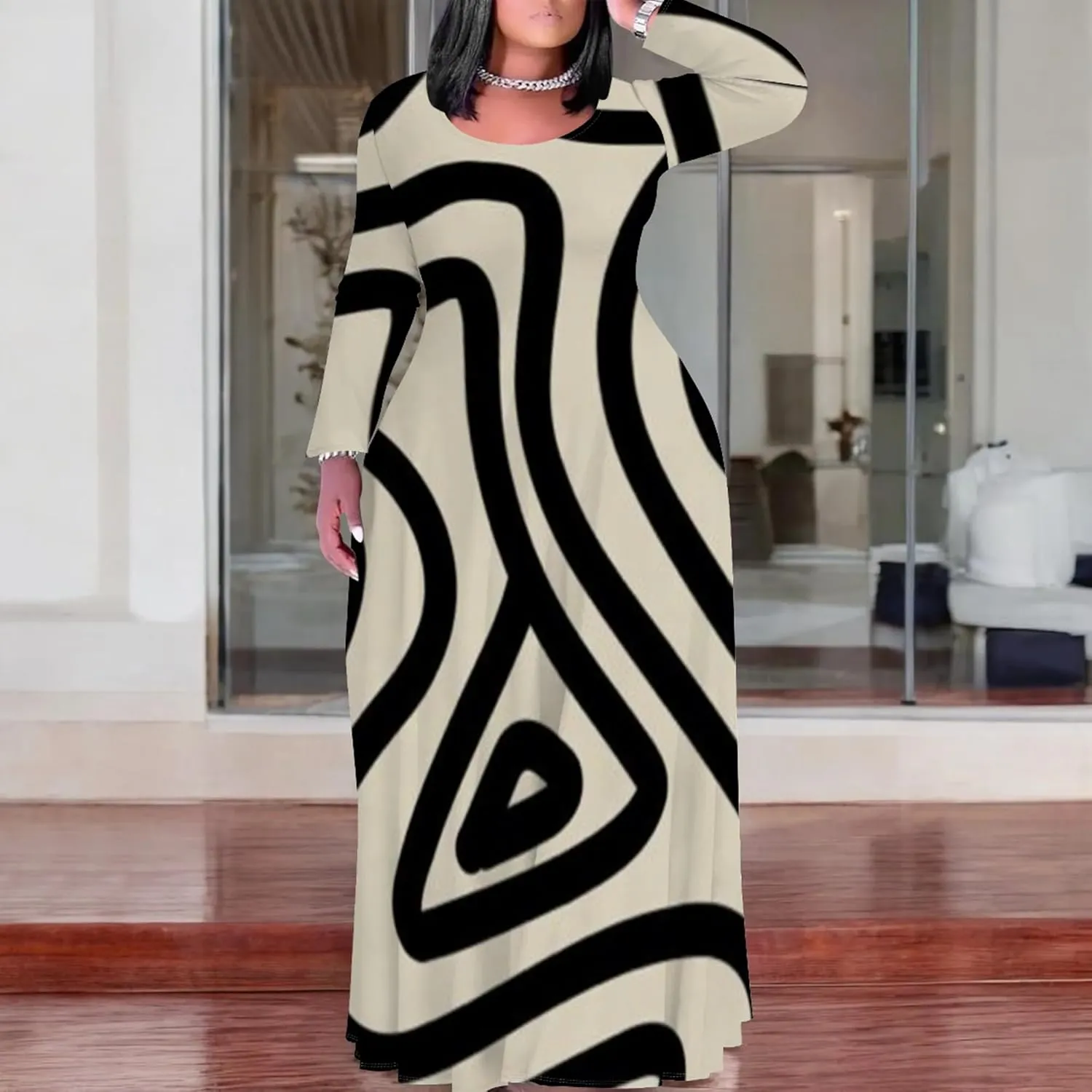 Women's Plus Size African Ethnic Style Maxi Dress Long Sleeve Tank Dress Autumn T Shirt Beach Maxi Dress with Pockets