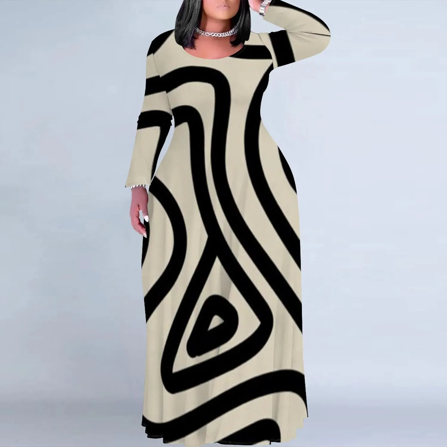 Women's Plus Size African Ethnic Style Maxi Dress Long Sleeve Tank Dress Autumn T Shirt Beach Maxi Dress with Pockets