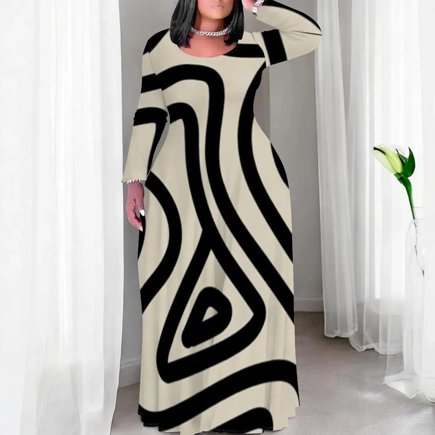 Women's Plus Size African Ethnic Style Maxi Dress Long Sleeve Tank Dress Autumn T Shirt Beach Maxi Dress with Pockets